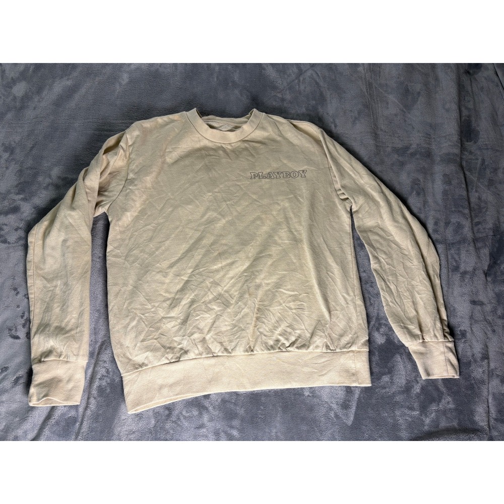 Playboy Mens Crewneck Sweatshirt Size M Tan Solid Fleece Cotton Blend Logo